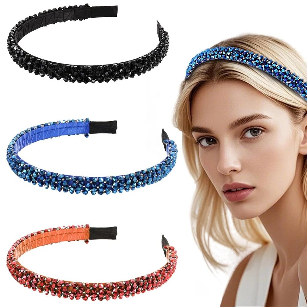 3 PCS Rhinestone Headbands Sparkle Beaded Head bands Fashion Anti-slip Crystal D